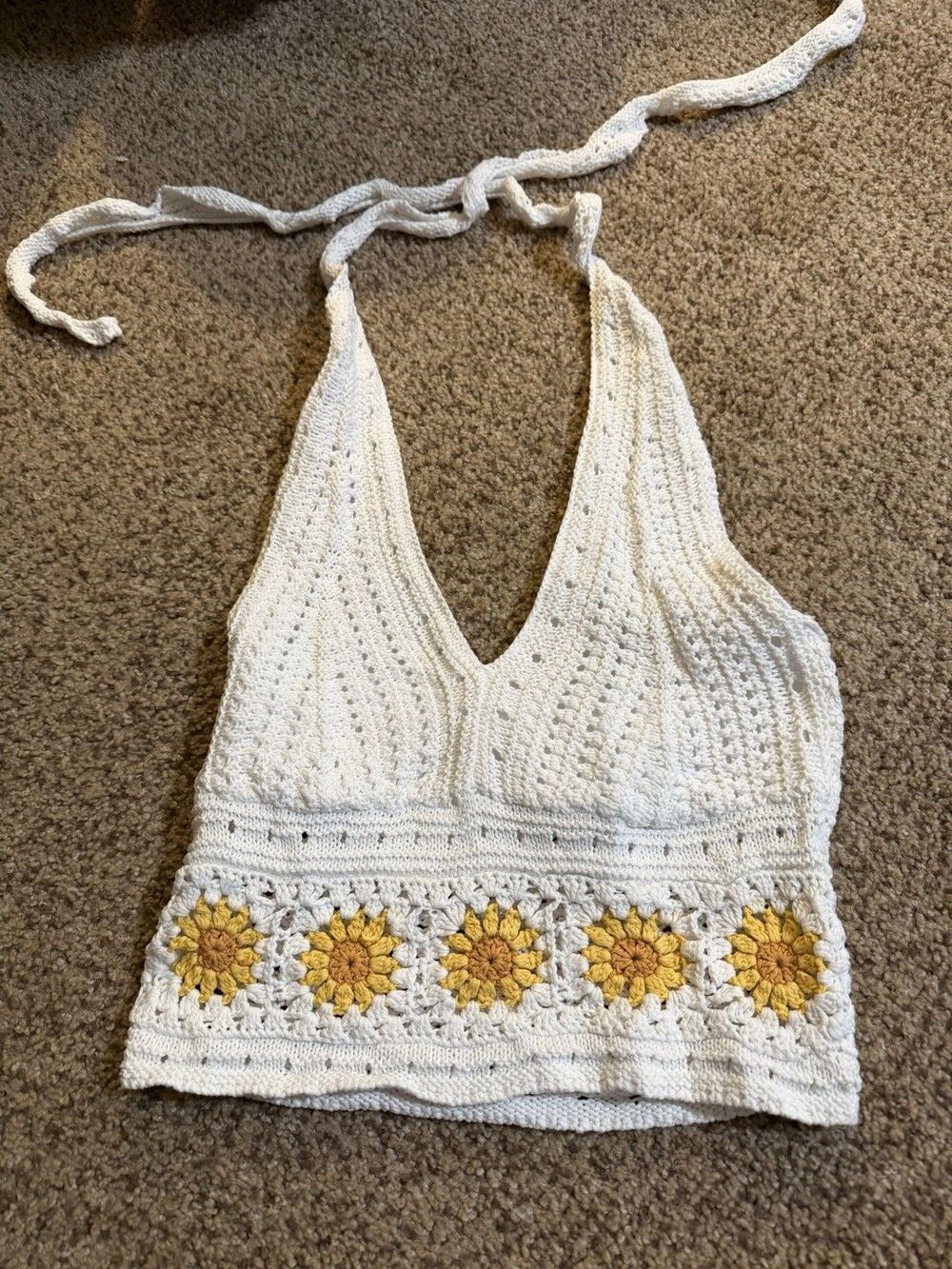 Hollister Crochet Knit Crop Top Sunflower Trim White Medium Festival Retro Boho